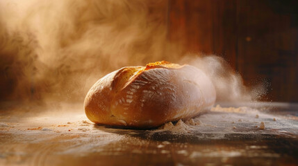 Warm rustic bread loaf steaming freshly baked golden crust artisan food