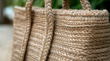 Obraz premium Woven straw tote bag with braided handles. Close-up view of the bag's texture