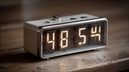 Retro Digital Flip Clock Displaying the Time on a Rustic Wooden Surface