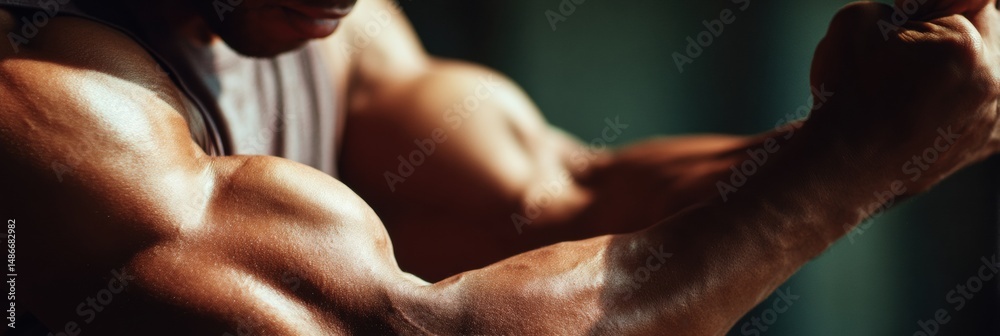 Poster close-up view of powerful biceps during workout with side lighting showcasing muscle details in a fi