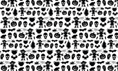 Halloween Pattern Design, Vector Silhouette Pattern Design With Various Elements For Halloween Decoration, White Background Halloween Element Pattern Vector Design, 