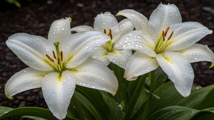 Obraz premium Beautiful White Lilies Dew Drops Rain Garden
