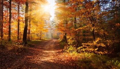 Obraz premium autumnal forest pathway in sunlight
