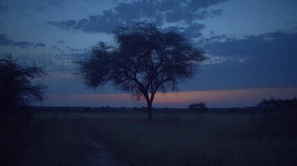 Obraz premium Silhouette of a lone tree at dawn in a field.