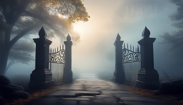 an empty gate emerges from the fog emblematic of forgotten pathways and lost journeys drawing attention to themes of solitude and the search for meaning
