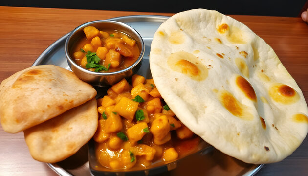 Flavorful cholar dal and tender patol aloo sabzi paired with crispy fried luchi or golden poori, authentic Bengali cuisine, papercraft. with white shades