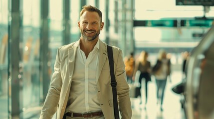 Fototapeta premium Front view portrait of young male traveler holding a suitcase in the airport. Male businessman traveling by plane