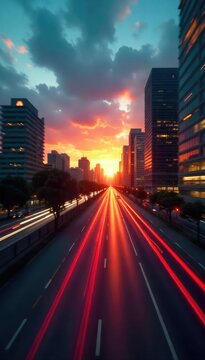 A blurred, fast-motion shot of a cityscape at sunset, conveying the fleeting nature of time and the relentless march of progress , imperishable, twilight