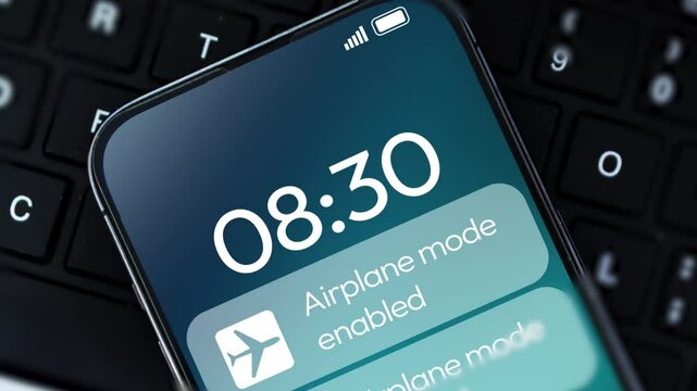 Airplane mode enabled notification on the smartphone screen 4k footage, close up. Do not disturb, no signals, airplane mode, internet.