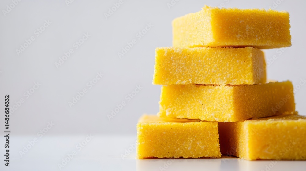 Poster close-up of a stack of four golden yellow polenta squares on a white surface.