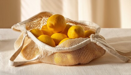 sun drenched composition of fresh golden lemons nestled in a loosely woven mesh bag their vibrant yellow hue contrasting against the soft cream colored fabric