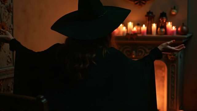 Concept of Halloween and witchcraft. Black witch in a mantle stays in front of fire. Vertical