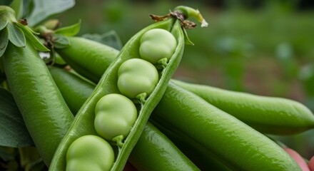 Close-up of vibrant green broad bean pods showing fresh bean delicacy
