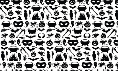 Halloween Pattern Design, Vector Silhouette Pattern Design With Various Elements For Halloween Decoration, White Background Halloween Element Pattern Vector Design, 