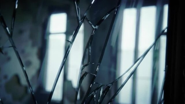 Shattered mirror reflects abandoned room interior revealing a forgotten past and broken memories