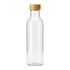 Naklejka premium Clear glass bottle with rounded body and wooden cap, a minimalist design on a dark background