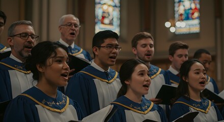 Diverse Choir Singing Harmoniously in a Church, Showcasing Unity Through Music and Worship, Epitomizing Spiritual Celebration and Cultural Diversity in a Religious Setting