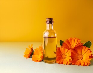 calendula flowers with calendula oil in a glass bottle on yellow background photo side view banner with space for text