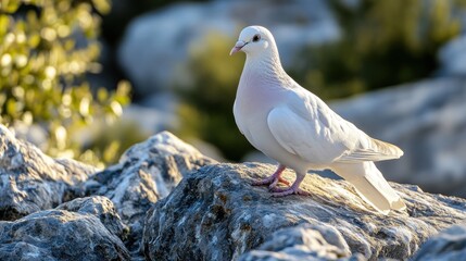 Fototapeta premium White dove perched on rock in sunlight nature wildlife photography