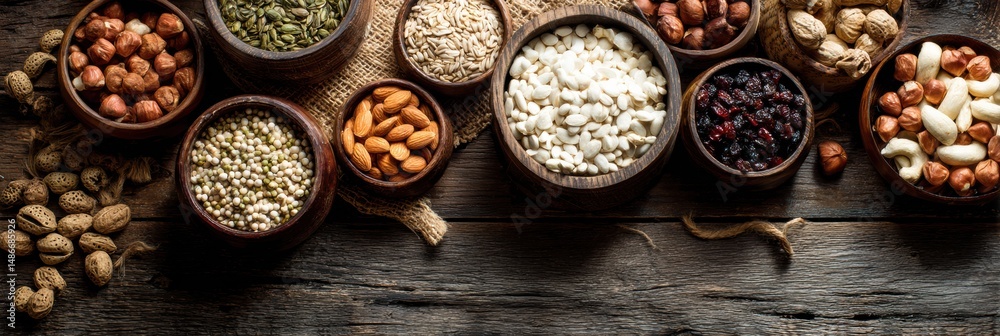 Poster bowls of assorted nuts and seeds arranged on a clean wooden table with bright upper margin