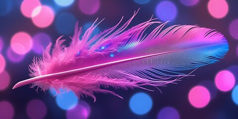Obraz premium Bright digital feather illustration in vivid gradient colors with defocused circular lights behind, combining fantasy, softness, and modern vibrant abstract design aesthetics