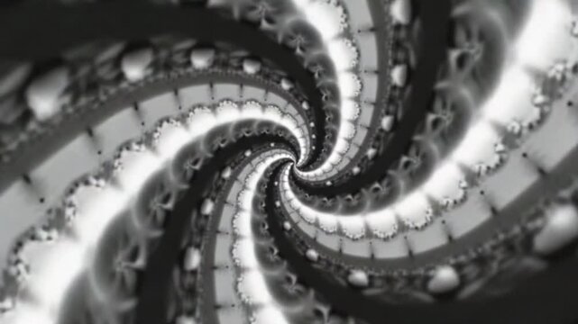 Grey monochrome floral spiral shapes in looped animated background. Motion. Transforming black and white fractals.