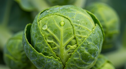 Obraz premium Close-Up of a Fresh Green Brussels Sprout with Water Droplets,Macro Detail