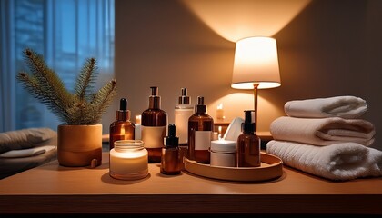 nighttime skin care routine display calming products and mood lighting serene and peaceful bedtime theme