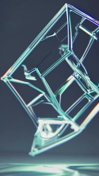 Structure g&eacute;om&eacute;trique transparente aux reflets iris&eacute;s sur fond sombre

