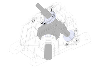 Technical illustration of a gearbox mechanism, with outlined components, showcasing gears and shafts. Isolated mechanical part rendered in high definition on PNG Transparent HD Background. wpx wpa wpo