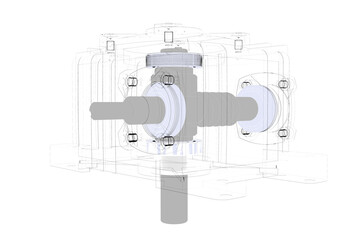 Technical illustration of a gearbox mechanism, with outlined components, showcasing gears and shafts. Isolated mechanical part rendered in high definition on PNG Transparent HD Background. wpx wpa wpo