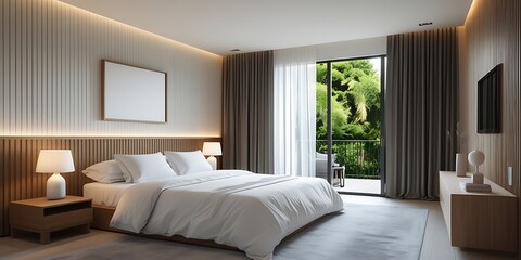 Fototapeta premium Bright minimalist bedroom design with sunlight through sheer curtains, modern bed, wooden details and greenery, offering a relaxing and harmonious lifestyle space