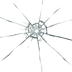 Shattered glass with radial cracks emanating from a central impact point, isolated on black