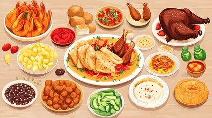 Delicious Festive Food Table Roasted Chicken Shrimp Potatoes