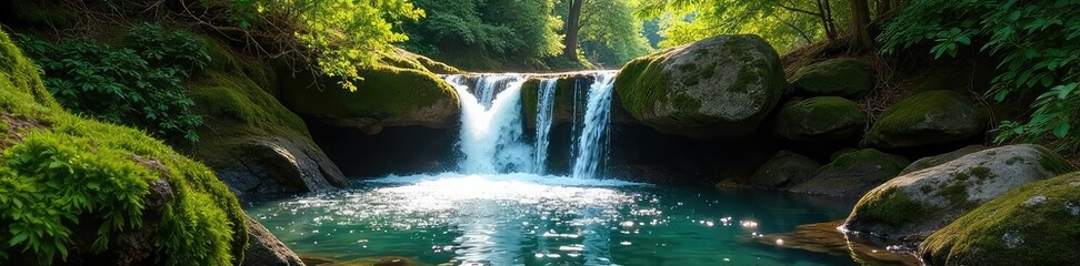 Fototapeta premium Serene cascading spring water tumbles down mossy rocks in a lush forest, creating a picturesque natural scene Sunlight filters through the canopy, illuminating the sparkling water , cascade, stream