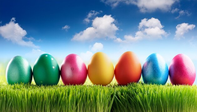 colorful easter eggs on grass and a blu sky - Powered by Adobe