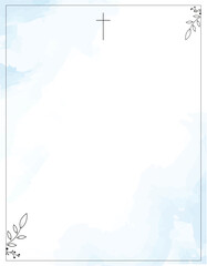 Funeral Empty card. Sky blue background. Aquarelle background. Frame of leaves. Church cross in the centre 	
