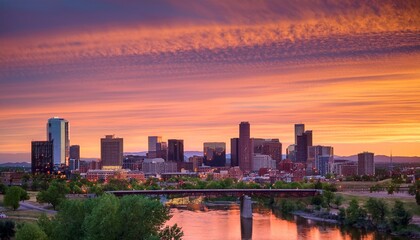 Fototapeta premium magical sunrise over denver soft orange and pink hues illuminate the skyline and river creating a serene and enchanting urban landscape at dawn
