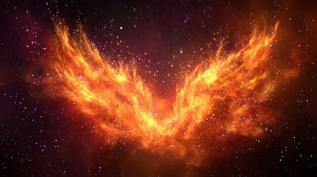 nebula in shape of phoenix wings swirling in space, golden fire-like energy dancing in darkness, cosmic rebirth theme
