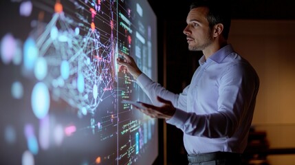 Businessman interacting with interactive display screen.