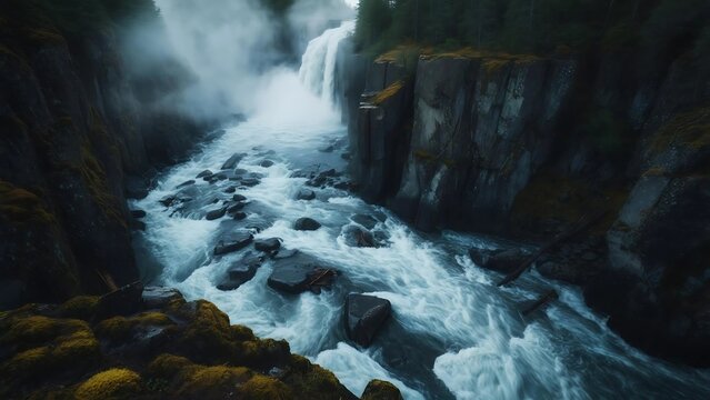 Misty Gorge Waterfall: Turbulent Waters & Mossy Cliffs