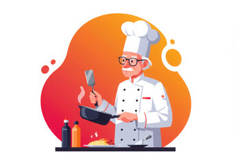 Elderly chef cooking with spatula in colorful kitchen background  