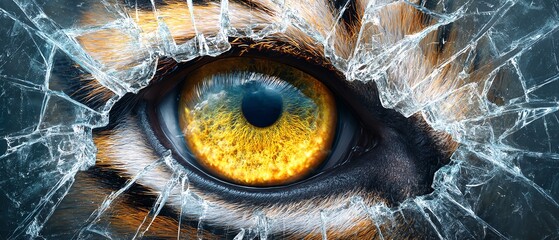 shattered glass revealing an eye of a tiger behind, raw energy and power breaking through, conceptual wild instinct theme