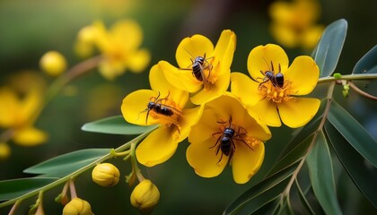 yellow senna alata flowers with aphids and ants on their surface blooms yellow botanical
