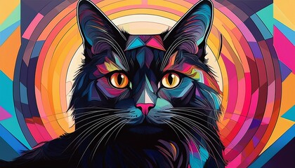 modern illustration of a black cat with colorful accents against a geometric background