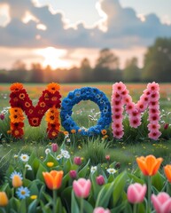 Colorful field of tulips and wildflowers with flower letters forming the word "MOM", capturing the beauty of nature, springtime, and heartfelt Mother’s Day celebration

