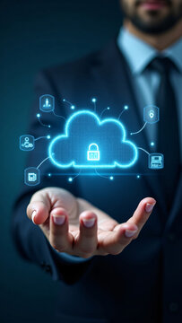 A professional man in a suit, extending his hand to present a glowing cloud computing icon. He symbolizes secure digital technology and data storage. 
