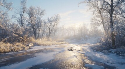 Fototapeta premium Frozen river winding through a winter wonderland.
