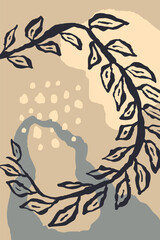 Poster or card with ink brush abstract sketch leaves and organic shapes background. Minimalist floral composition for cover, wall art or brochure design. Vector illustration