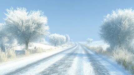 A serene winter scene with frosted trees lining a snowy road.
